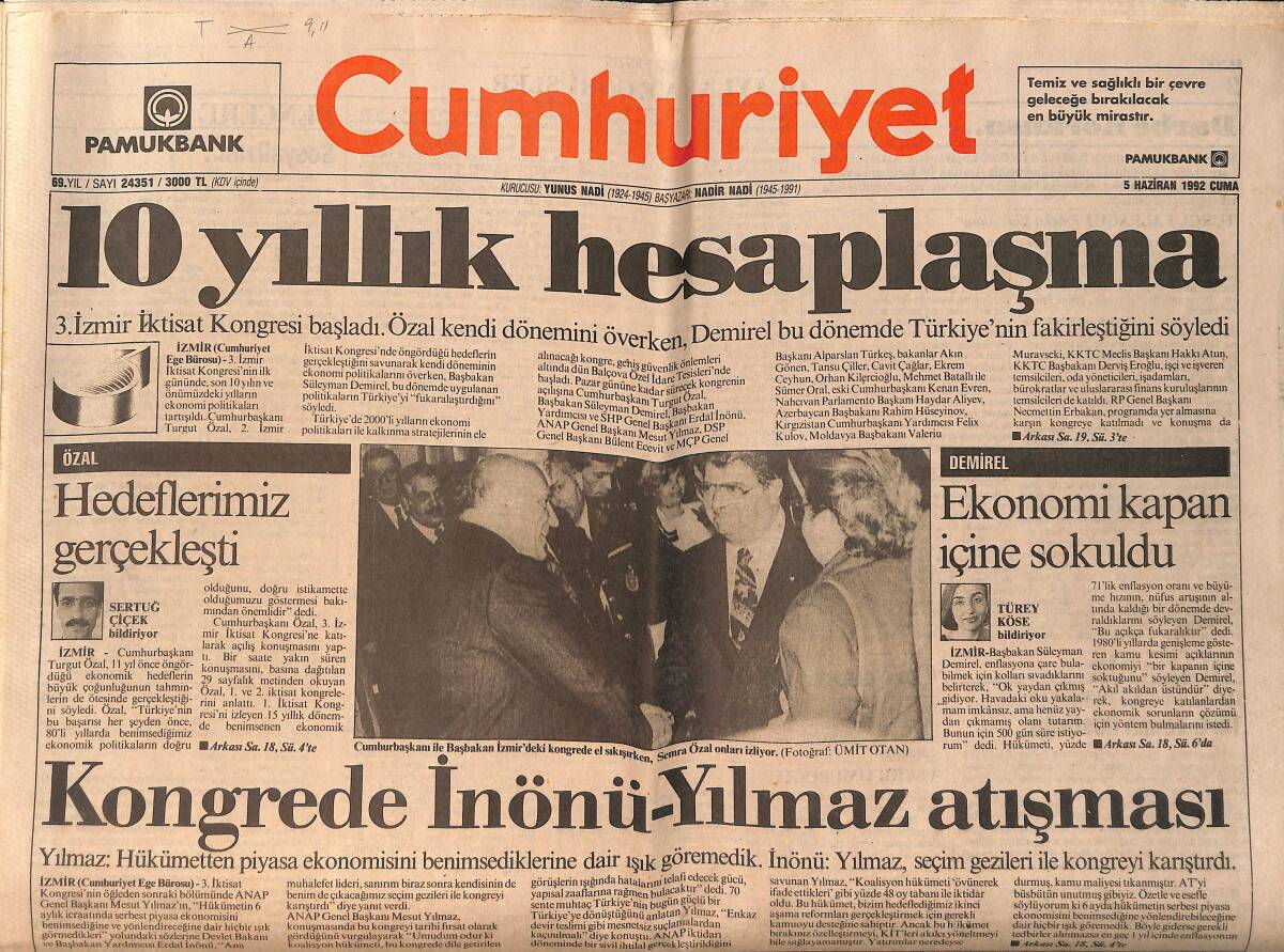 Cumhuriyet Gazetesi 5 Haziran 1992 - 10 Yıllık Hesaplaşma - Kongrede İnönü-Yılmaz Atışması GZ157216 - 1