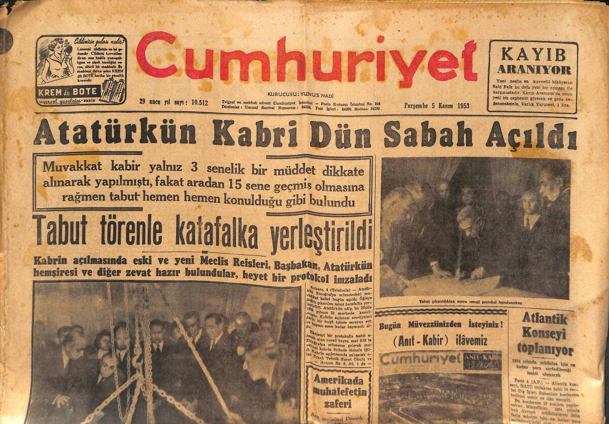 Cumhuriyet Gazetesi 5 Kasım 1953 - Atatürk'ün Kabri Dün Sabah Açıldı - Lübnan Meclisinde Kavga Çıktı GZ134113 - 1
