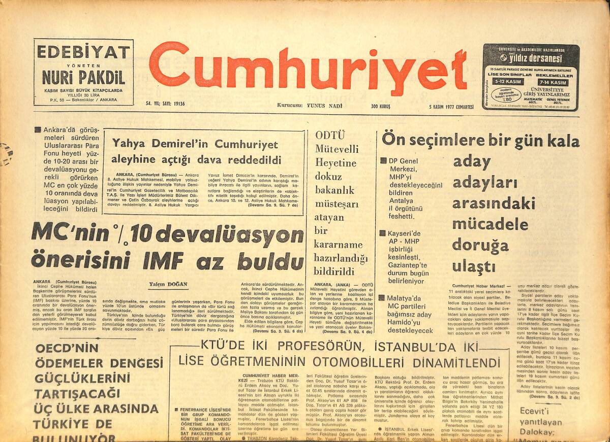 Cumhuriyet Gazetesi 5 Kasım 1977 - Sahte Belgeyle Teleks Devrildi - Türk Sineması Toplumsal Gelişmemizin Gerisinde Kalmıştır! GZ143165 - 1