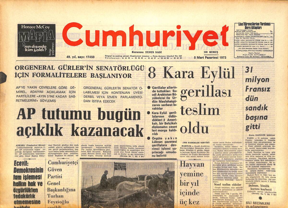Cumhuriyet Gazetesi 5 Mart 1973 - Galatasaray Fark Yaptı, Beşiktaş Hiçbir Varlık Gösteremedi - Türk Hava Yolları Sayın Hissedarlarına GZ143581 - 1