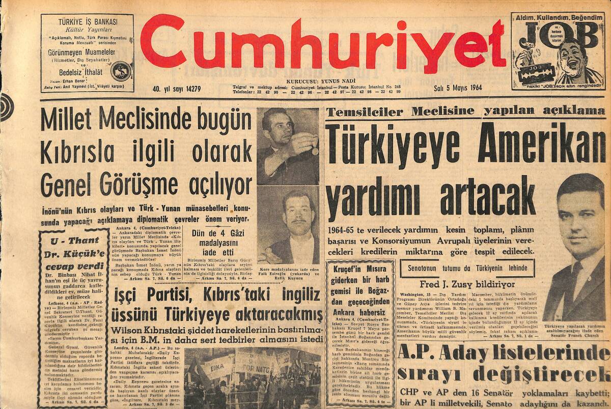 Cumhuriyet Gazetesi 5 Mayıs 1964 - Çanakalle'de Ete Boykot Kararı Alındı - Türkiyeye Amerikan Yardımı Artacak GZ160396 - 1
