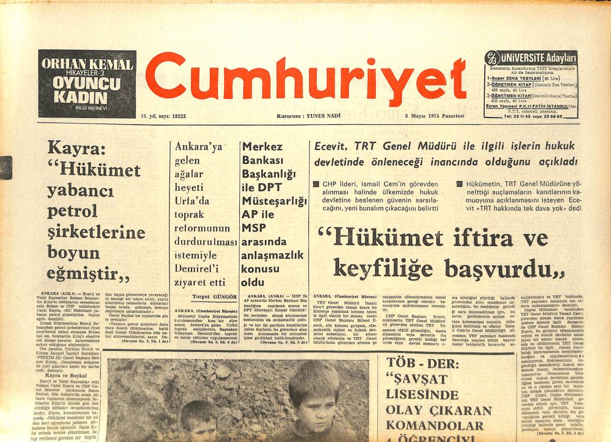 Cumhuriyet Gazetesi 5 Mayıs 1975 - İmalat Sanayiinde Kamu Kesimi Özel Sektörden Daha Çok Ücret Ödüyor GZ143705 - 1