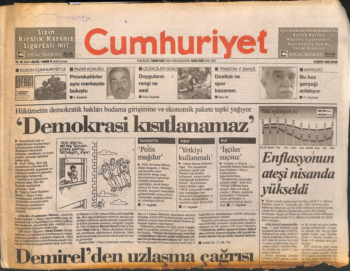 Cumhuriyet Gazetesi 5 Mayıs 1996 - Türkiye'nin Enerji Fazlası Var - Enflasyonun Ateşi Nisan'da Yükseldi GZ148026 - 1