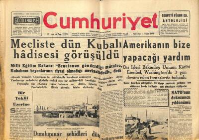 Cumhuriyet Gazetesi 5 Nisan 1958 - NATOnun Dokuzuncu Yıldönümü - Dumlupınar Şehidleri Dün Törenlerle Anıldı GZ98160 - 1