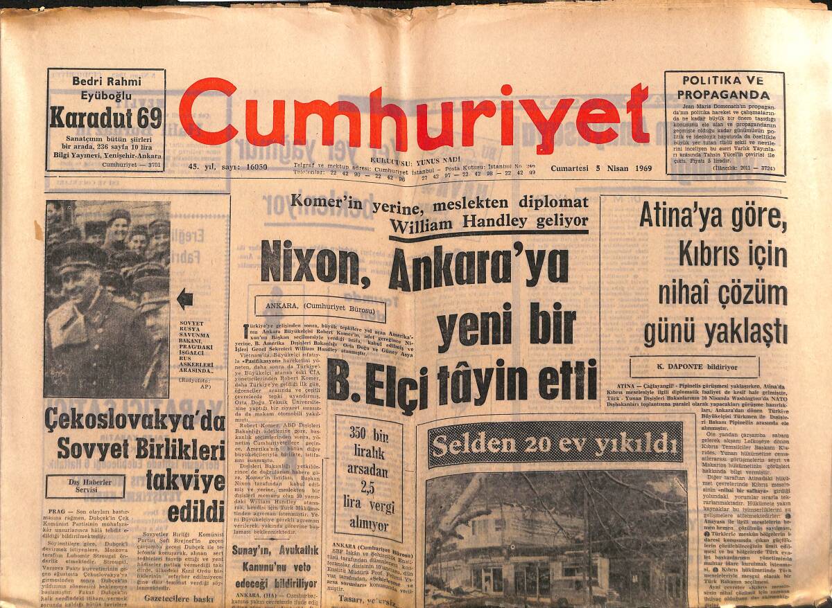 Cumhuriyet Gazetesi 5 Nisan 1969 - Nixon , Ankara'ya Yeni Bir B. Elçi Tâyin Etti - Başbakan , Deprem Bölgesinde GZ149666 - 1