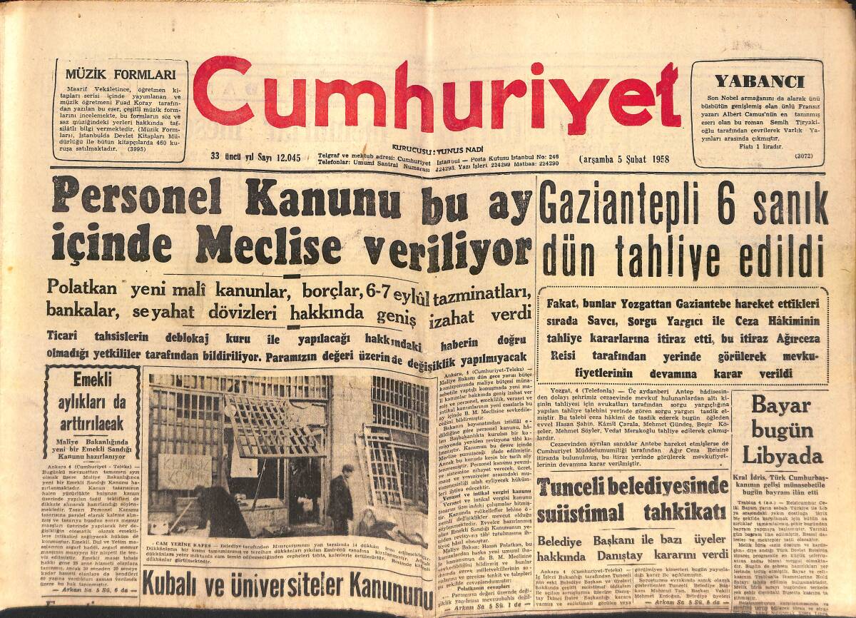 Cumhuriyet Gazetesi 5 Şubat 1958 - Kubalı Ve Üniversiteler Kanununu Meclisten Çıkaran Eski Bakan! - Bir Yılda 180 Milyon Liralık İstimlak Yapıldı GZ139228 - 1