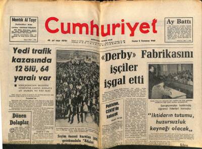 Cumhuriyet Gazetesi 5 Temmuz 1968 - Derby Fabrikasını İşçiler İşgal Etti GZ80330 - 1