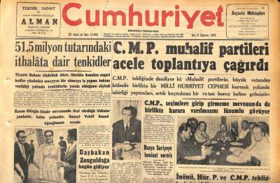 Cumhuriyet Gazetesi 6 Ağustos 1957 - Kıbrısta Her Ruma 1 Dönüm , Her Türke 3 Dönüm Arazi Düşüyor - C.M.P. Muhalif Partileri Acele Toplantıya Çağırdı GZ120335 - 1