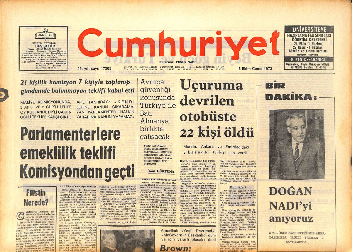 Cumhuriyet Gazetesi 6 Ekim 1972 - Melen: Türkiye'de Sanayileşme Hareketi Başladı - Ölümünün Üçüncü Yıldönümünde Doğan Nadi GZ143598 - 1