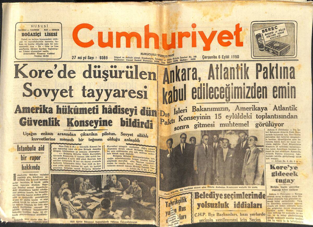 Cumhuriyet Gazetesi 6 Eylül 1950 - Kore'de Düşürülen Sovyet Tayyaresi - Atom Bombası Atacak Yeni Uçak GZ142353 - 1