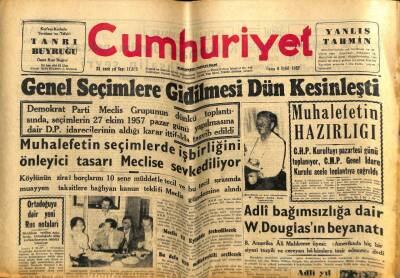 Cumhuriyet Gazetesi 6 Eylül 1957 - Genel Seçimlere Gidilmesi Kesinleşti GZ59326 - 1