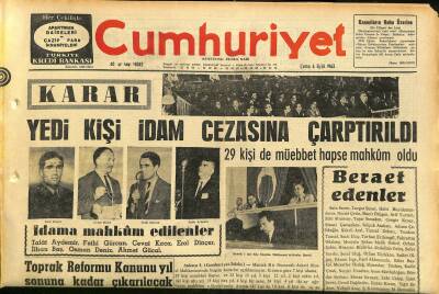 Cumhuriyet Gazetesi 6 Eylül 1963 - Karar 7 Kişi İdam Cezasına Çarptırıldı - Talât Aydemir - Fethi Gürcan - Cevat Kırca - Erol Dinçer GZ120744 - 1