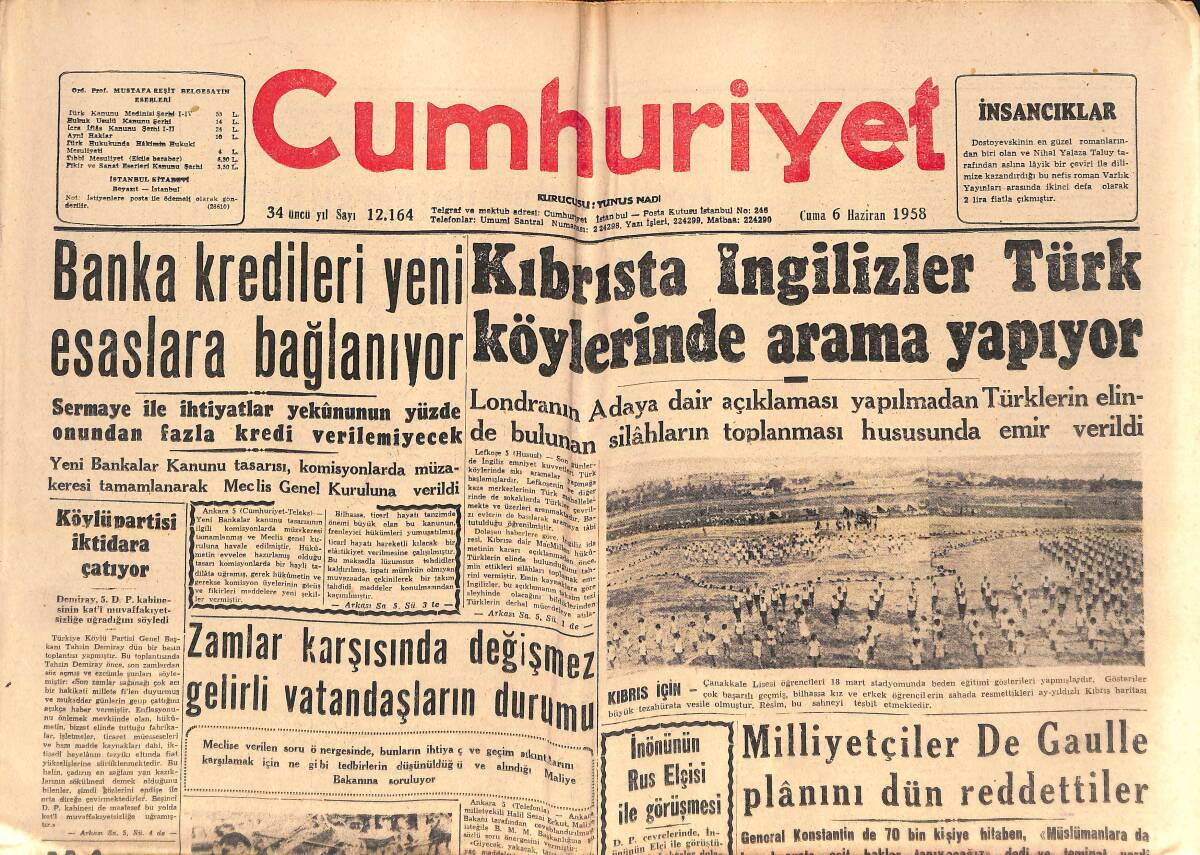 Cumhuriyet Gazetesi 6 Haziran 1958 - Kıbrıs'ta İngilizler Türk Köylerinde Arama Yapıyor - Milliyetçiler De Gaulle Planını Dün Reddettiler! GZ139203 - 1
