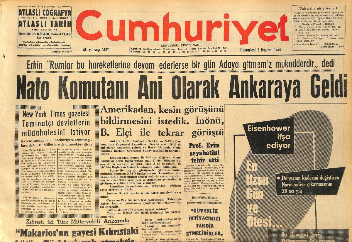 Cumhuriyet Gazetesi 6 Haziran 1964 - Rejisörü Süreyya'yı Anlatıyor - Güney Korede Dün Üniversite Ve Bugün Okullar Kapatıldı GZ160364 - 1