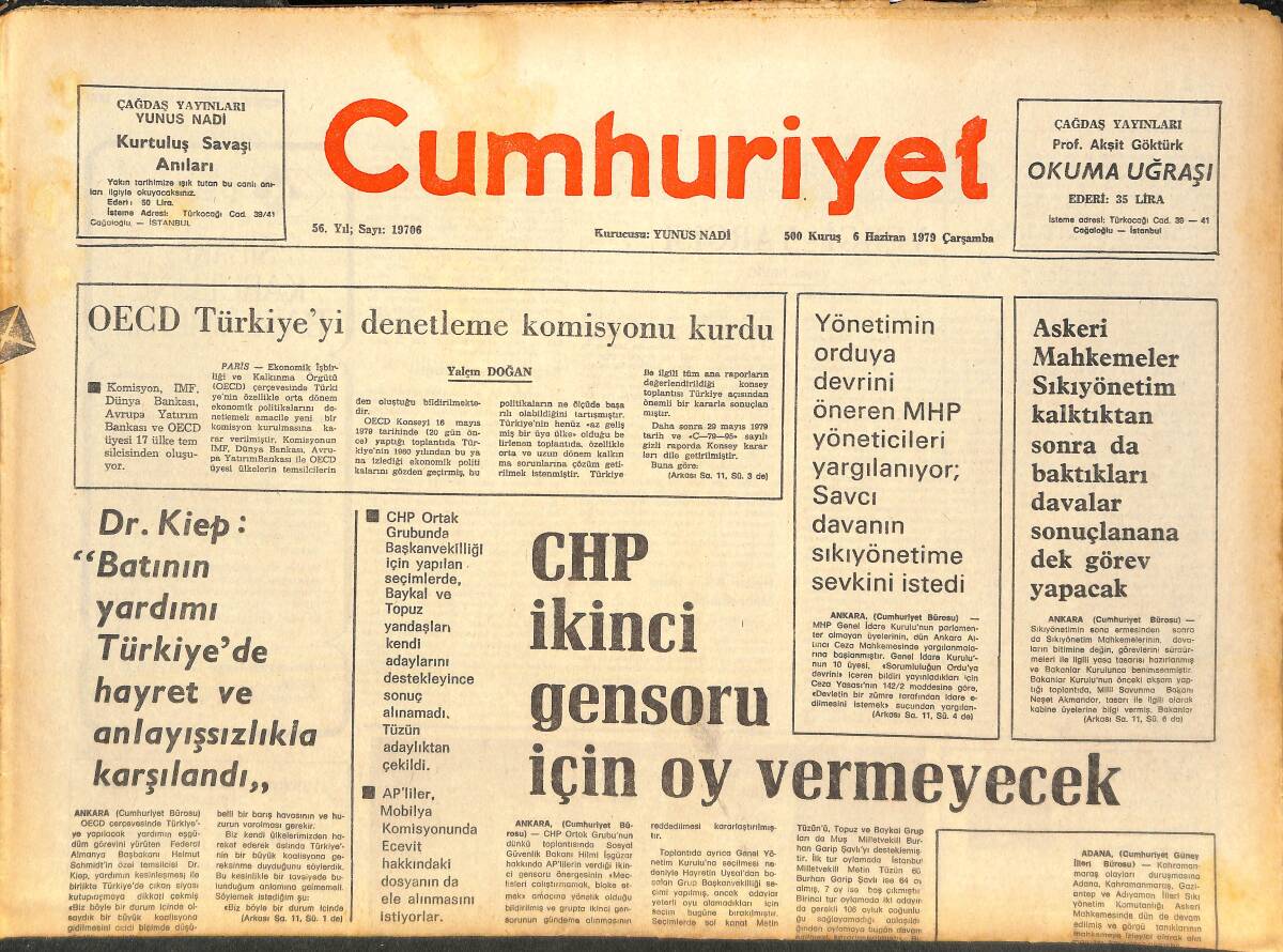 Cumhuriyet Gazetesi 6 Haziran 1979 - CHP İkinci Gensoru İçin Oy Vermeyecek - Kahramanmaraş Olayı Duruşması Sürüyor GZ143537 - 1