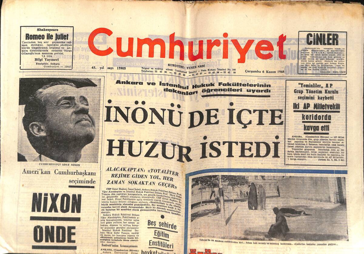 Cumhuriyet Gazetesi 6 Kasım 1968 - Roberet Tolemon'un Çizdiği Tablo - Amerikan Cumhurbaşkanı Seçiminde Nixon Önde GZ139791 - 1