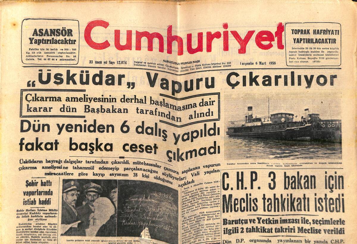 Cumhuriyet Gazetesi 6 Mart 1958 - Amerikan Meclisi'nde İktisadi Durumumuza Dair Bir Konuşma - Avrupa'dan Dönen Polis Memurlarımız GZ139137 - 1