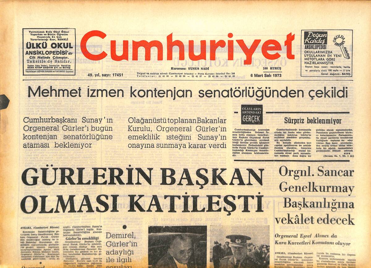 Cumhuriyet Gazetesi 6 Mart 1973 - Gülerin Başkan Olması Katileşti - Türk Dağcılarının Zaferi GZ143580 - 1