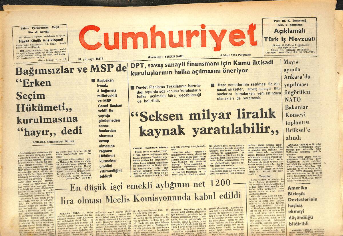 Cumhuriyet Gazetesi 6 Mart 1975 - Teksif, Tekstil İşverenlerini Açık Tartışmaya Davet Etti - ABD Tehditleri Sadece Lafta Kalır! GZ143552 - 1