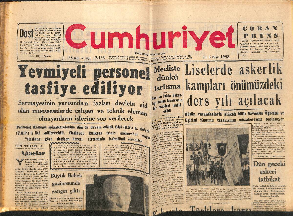Cumhuriyet Gazetesi 6 Mayıs 1958 - Amerikan Yardımının En Şiddetli Yardımının Muhalifi Türkiye'yi Övüyor! GZ139094 - 1