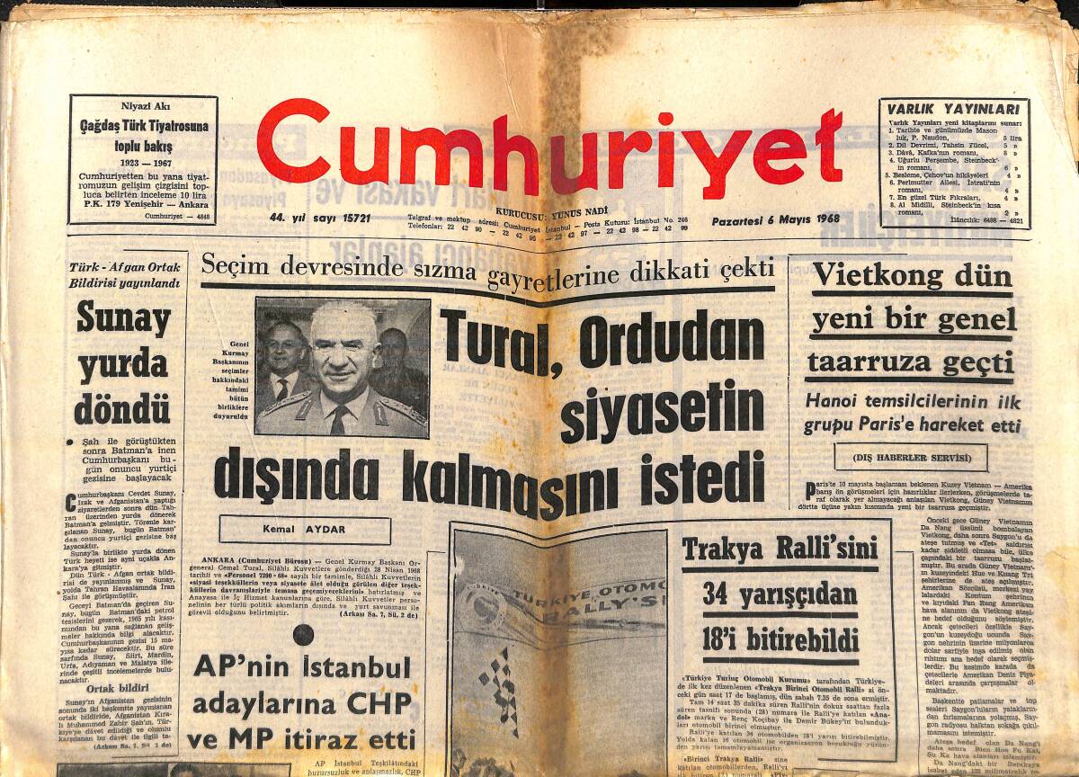 Cumhuriyet Gazetesi 6 Mayıs 1968 - Tural, Ordusunun Siyasetin Dışında Kalmasını İstedi - Ecevit 
