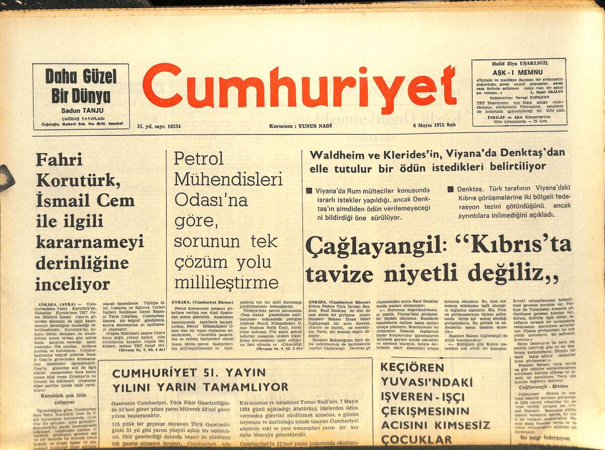 Cumhuriyet Gazetesi 6 Mayıs 1975 - Fahri Korutürk, İsmail Cem İle İlgili Kararnameyi Derinliğine İnceliyor GZ143615 - 1