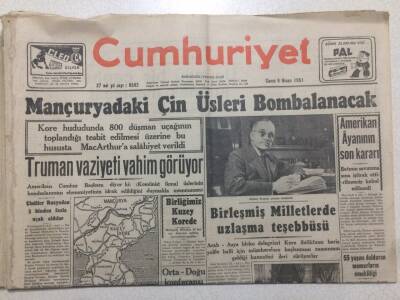 Cumhuriyet Gazetesi 6 Nisan 1951 - Mançuryada ki Çin Üsleri Bombalanacak GZ52504 - 1