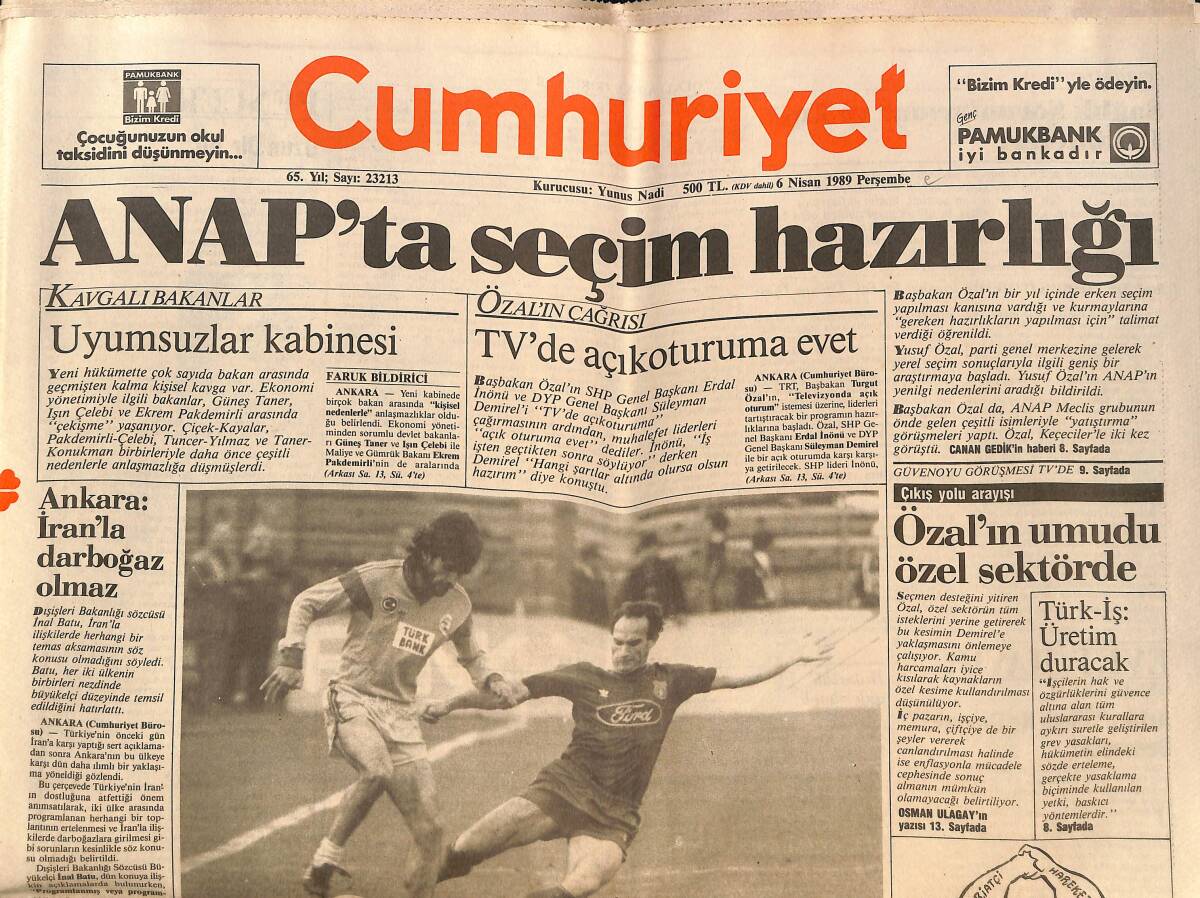 Cumhuriyet Gazetesi 6 Nisan 1989 - Galatasaray'ın İşi Zor - ANAP Anahtar Parti Yolunda GZ151953 - 1