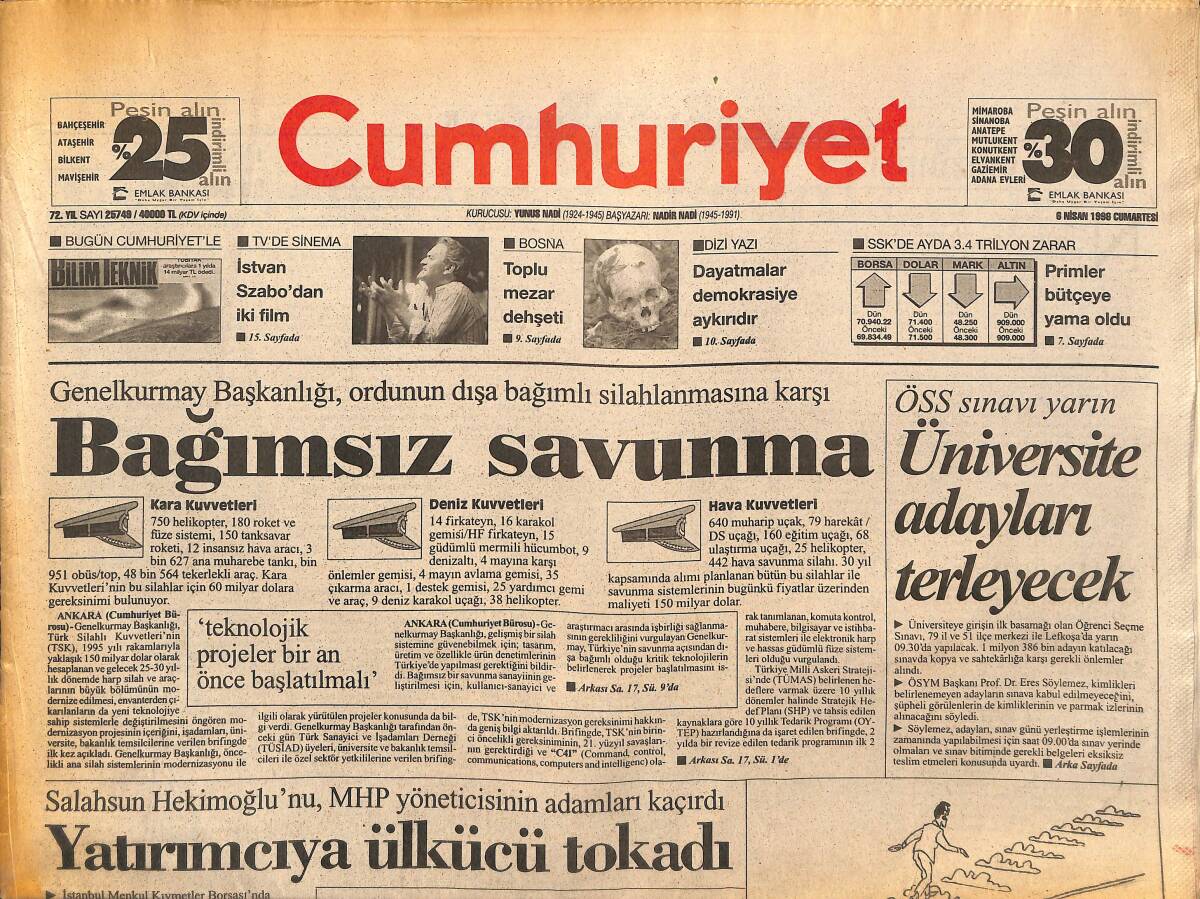Cumhuriyet Gazetesi 6 Nisan 1996 - Tansu Çiller'i Zorlayan Dosyalar - Filipinler'de Kanlı Gelenek GZ147775 - 1