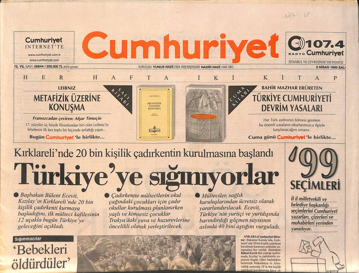 Cumhuriyet Gazetesi 6 Nisan 1999 - Avukatlar: Yargı Çökertiliyor - NATO Saldırıları Yoğunlaşıyor GZ2070 - 1