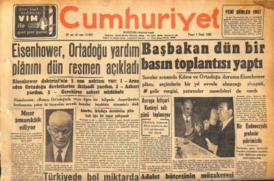 Cumhuriyet Gazetesi 6 Ocak 1957 - Ampul Fabrikası Faaliyetini Tatil Zorunda Kalıyor - Eisenhower , Ortadoğu Yardım Planını Dün Resmen Açıkladı GZ120237 - 1