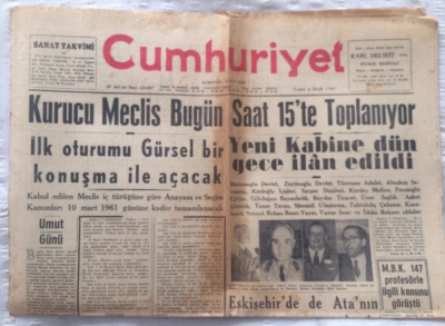 Cumhuriyet Gazetesi 6 Ocak 1961 - Kurucu Meclis Bugün Saat 15te Toplanıyor - GZ19439 - 1
