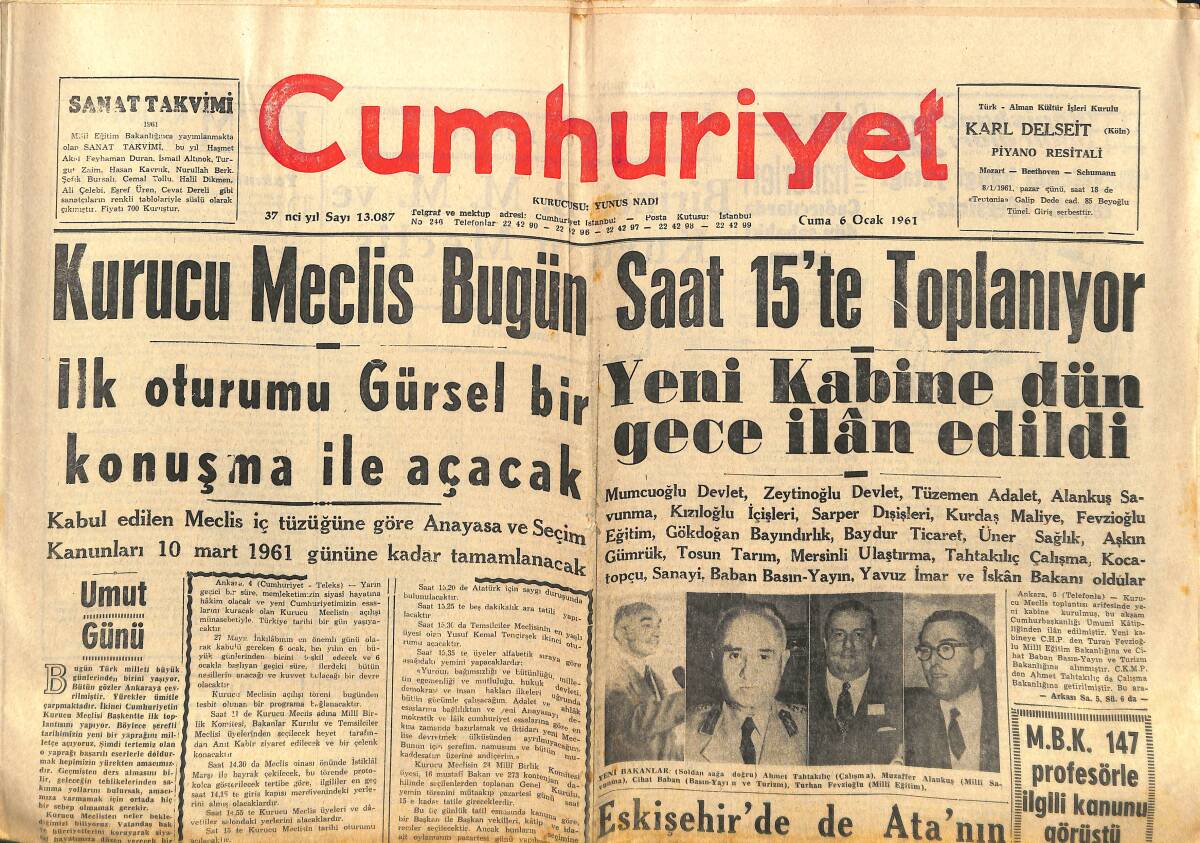 Cumhuriyet Gazetesi 6 Ocak 1961 - Türk İşçisinin Yarattığı Şaheser:Yeni Meclis Binası - Yeni Kabine Dün Gece İlan Edildi GZ139998 - 1