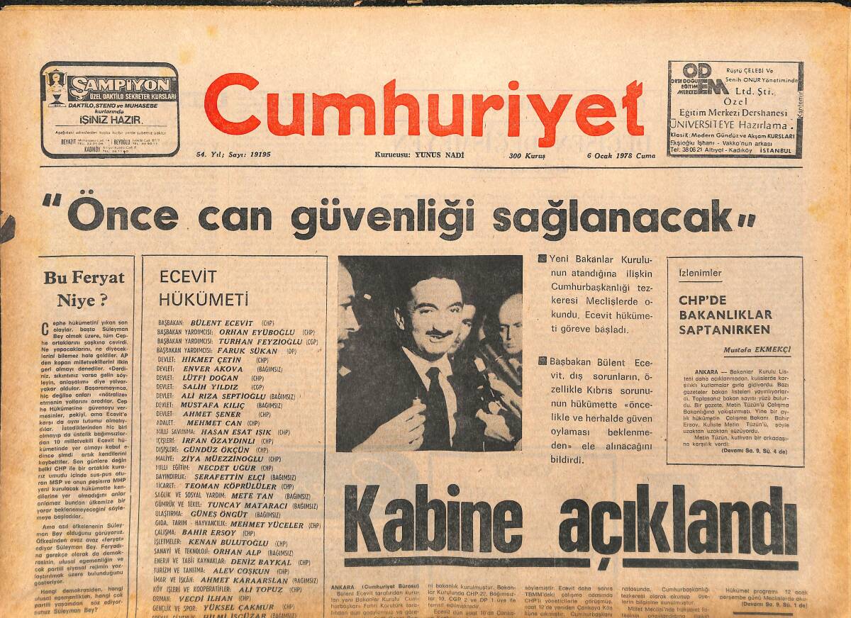 Cumhuriyet Gazetesi 6 Ocak 1978 - Bülent Ecevit Hükümeti! - Fatma Girik Ölmeyen Şarkıda GZ143211 - 1
