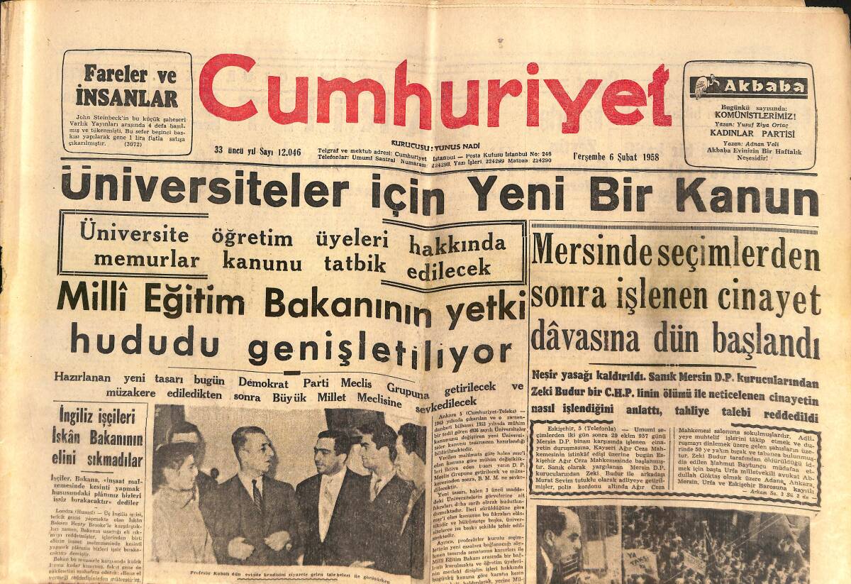 Cumhuriyet Gazetesi 6 Şubat 1958 - Üniversiteler İçin Yeni Bir Kanun! - Milli Eğitim Bakanı'nın Yetki Hududu Genişletiliyor GZ139229 - 1