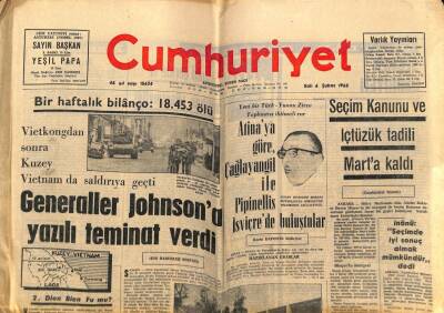 Cumhuriyet Gazetesi 6 Şubat 1968 - Generaller Johnsona Yazılı Teminat Verdi GZ69883 - 1