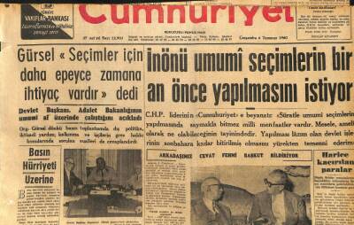 Cumhuriyet Gazetesi 6 Temmuz 1960 - İsmet İnönü Umumi Seçimlerin Yapılmasını İstiyor GZ110017 - 1