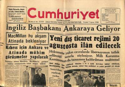 Cumhuriyet Gazetesi 7 Ağustos 1958 - Çorluda Büyük Bir Kaçakçılık Tahkikatı - Yüksek Askeri Şura Çalışmalarını Bitirdi GZ98042 - 1