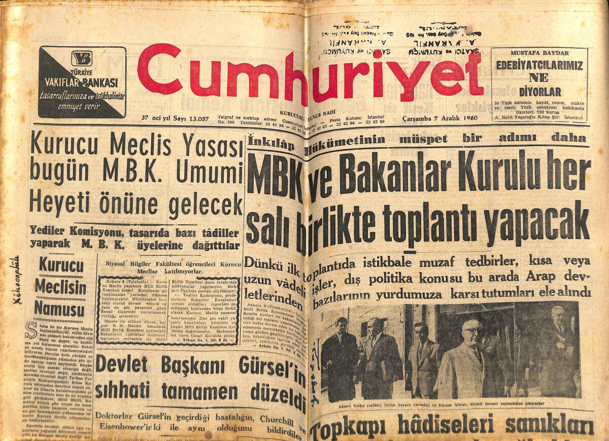 Cumhuriyet Gazetesi 7 Aralık 1960 - Devlet Başkanı Gürsel'in Sıhhati Tamamen Düzeldi - Kennedy İle İke Buluştu GZ143563 - 1