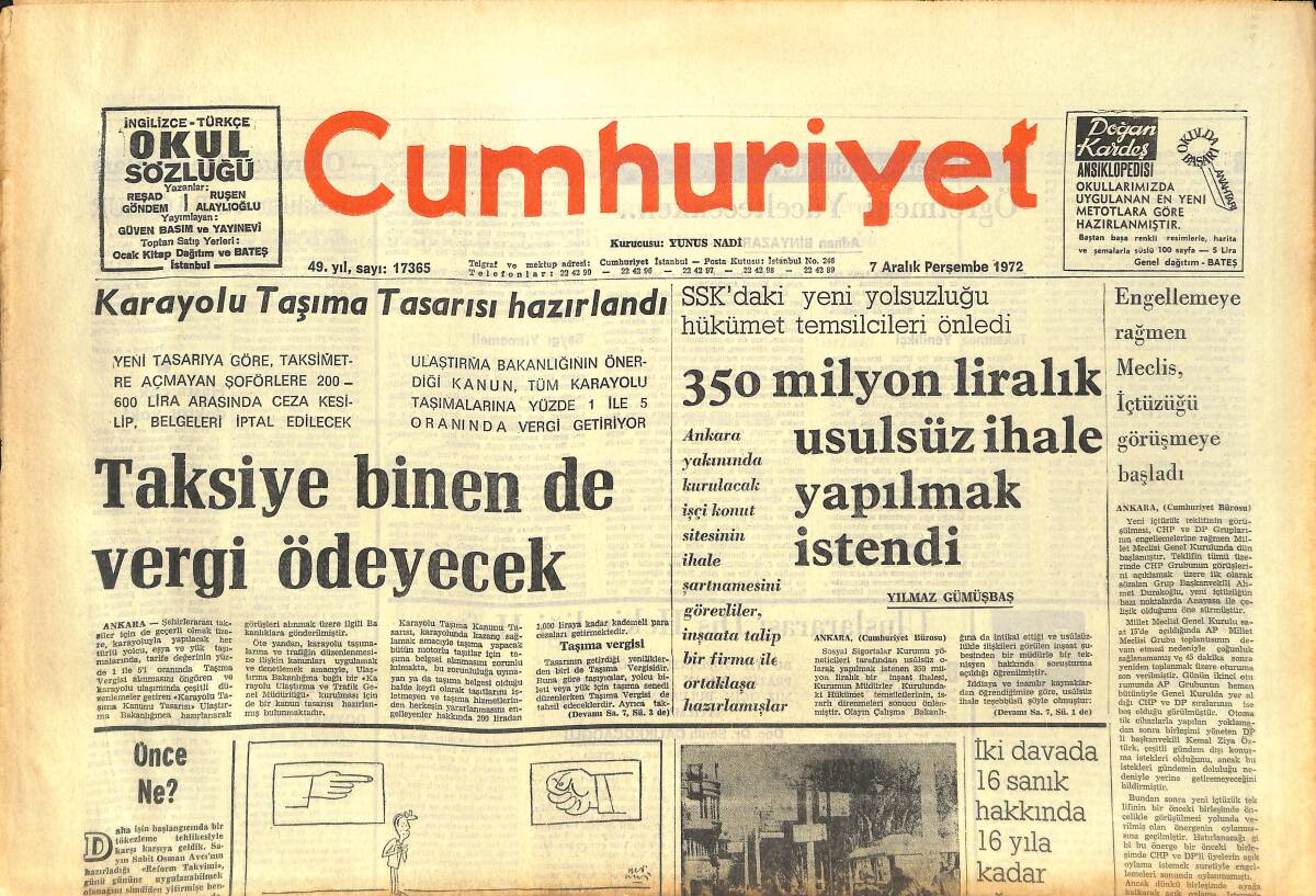 Cumhuriyet Gazetesi 7 Aralık 1972 - Taksiye Binen De Vergi Ödeyecek - Panathinaikos, Sofya'daki Fenerbahçe Maçına Çıkmayacak! GZ142646 - 1