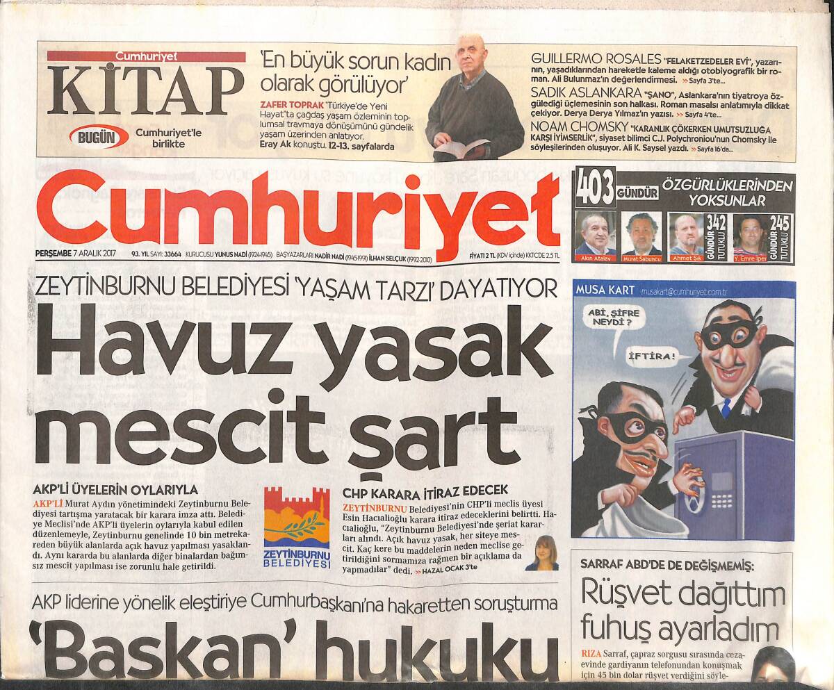 Cumhuriyet Gazetesi 7 Aralık 2017 - Havuz Yasak Mescit Şart - AKP Liderine TCK Kalkanı - Sıkı Yönetim Gibi Yargılama GZ135364 - 1
