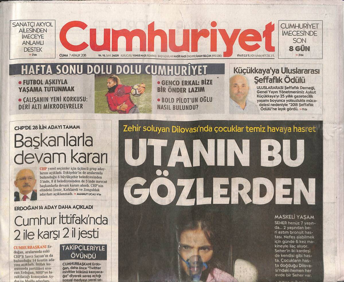 Cumhuriyet Gazetesi 7 Aralık 2018 - CHP'DE Başkanlarla Devam Kararı - Dünya Sertliğe Tutsak Artık - İttifakta 2'ye 2 Jesti GZ135375 - 1