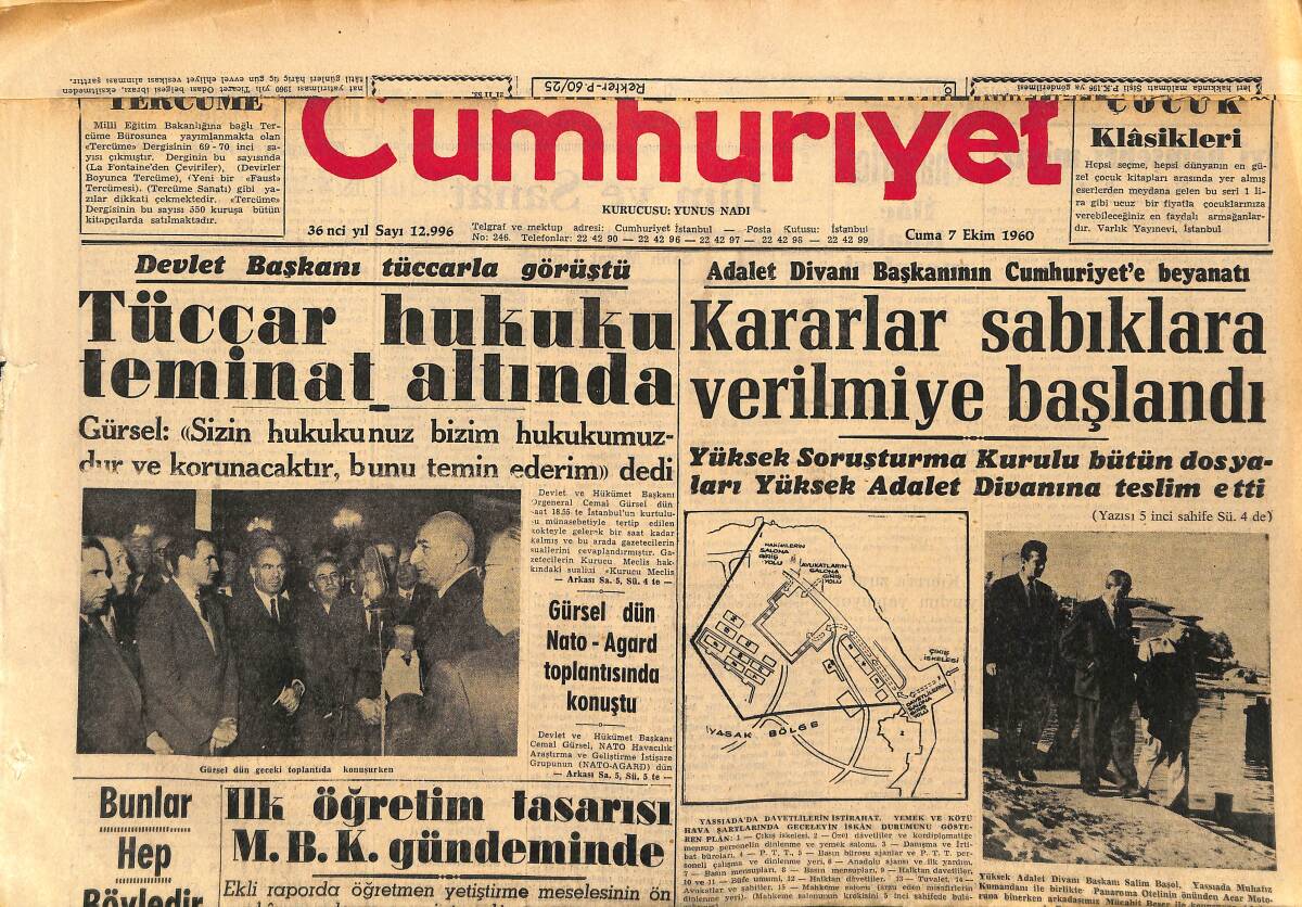 Cumhuriyet Gazetesi 7 Ekim 1960 - Talebelere Ateş Emrini Celal Bayar Vermiş - Belçika'nın Yeni Kraliçesi GZ152549 - 1