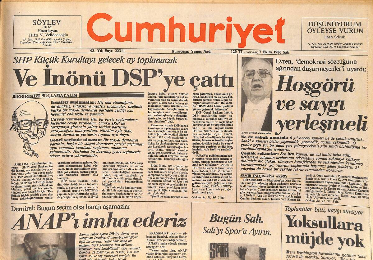 Cumhuriyet Gazetesi 7 Ekim 1986 - Ve İnönü DSP'ye Çattı - Sovyet Nükleer Denizaltısı Battı GZ159192 - 1