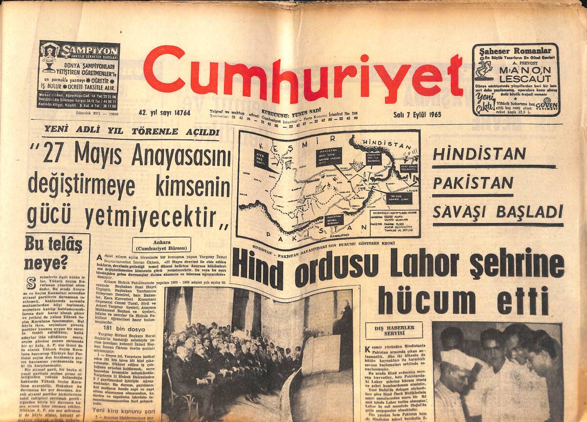 Cumhuriyet Gazetesi 7 Eylül 1965 - Hindistan-Pakistan Savaşı Başladı - Amerikan Piyadeleri Güney Vietnam'da İmha Taarruzuna Geçtiler GZ139764 - 1