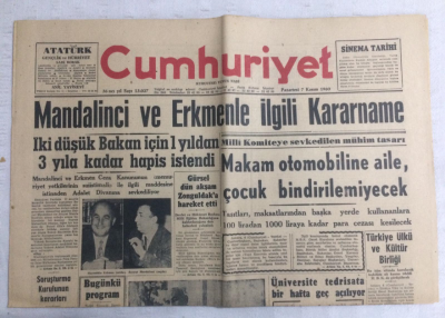 Cumhuriyet Gazetesi 7 Kasım 1960 - Mandalinci Ve Erkmenle İlgili Kararname - GZ19082 - 1