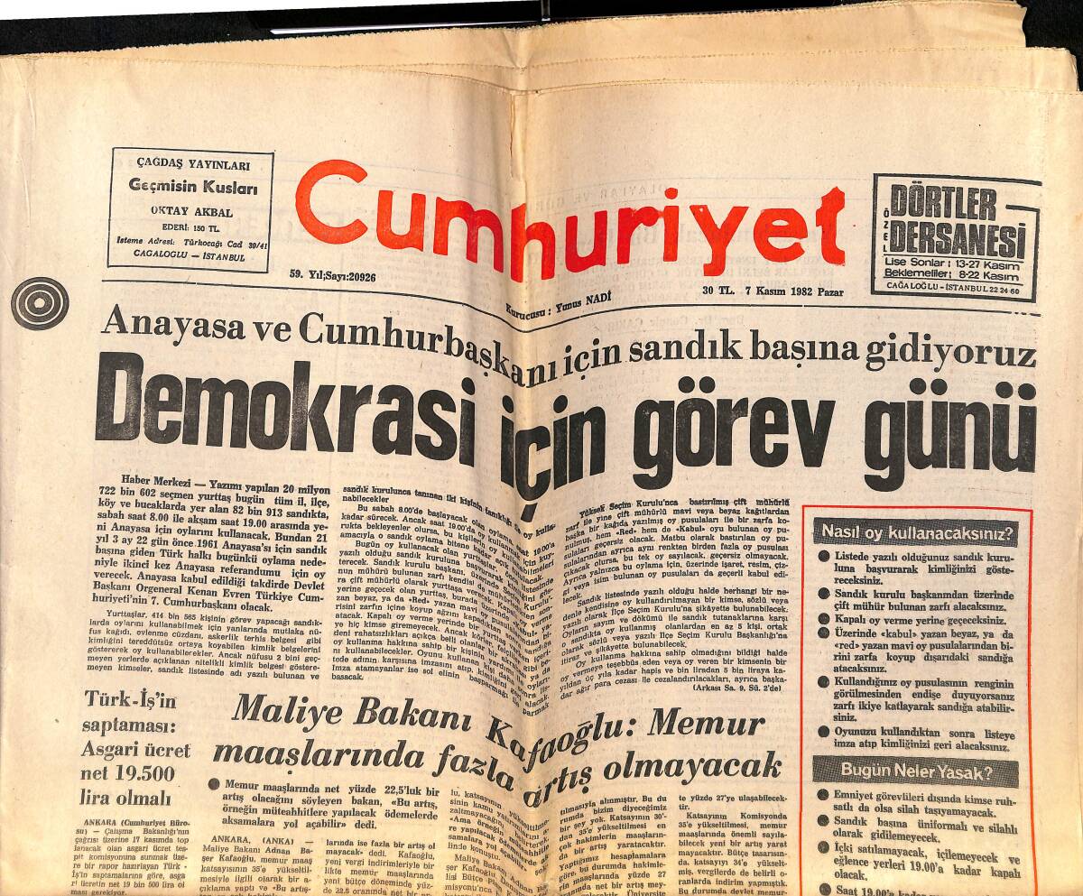 Cumhuriyet Gazetesi 7 Kasım 1982 - Anayasa Ve Cumhurbaşkanı İçin Sandık Başına Gidiyoruz GZ160908 - 1