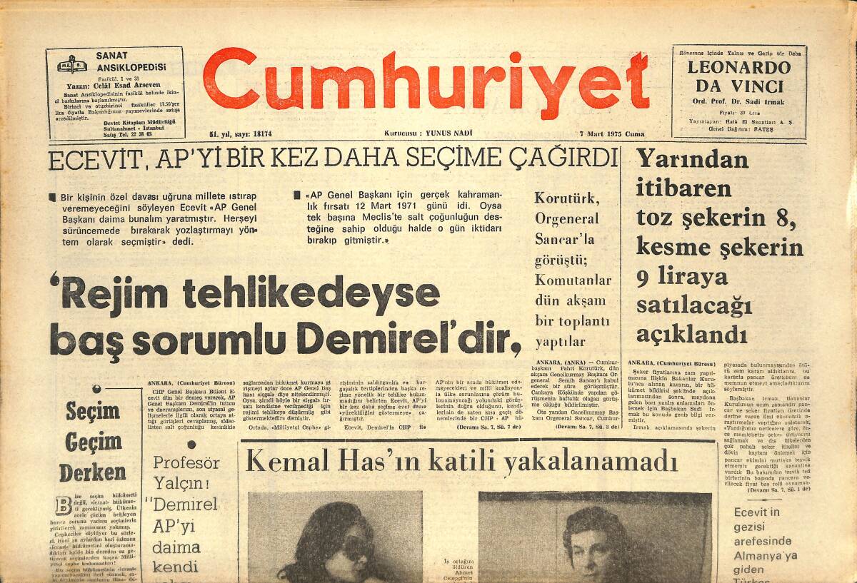 Cumhuriyet Gazetesi 7 Mart 1975 - Rejim Tehlikedeyse Baş Sorumlu Süleyman Demirel'dir! - Kemal Has'ın Katili Yakalanamadı! GZ143553 - 1