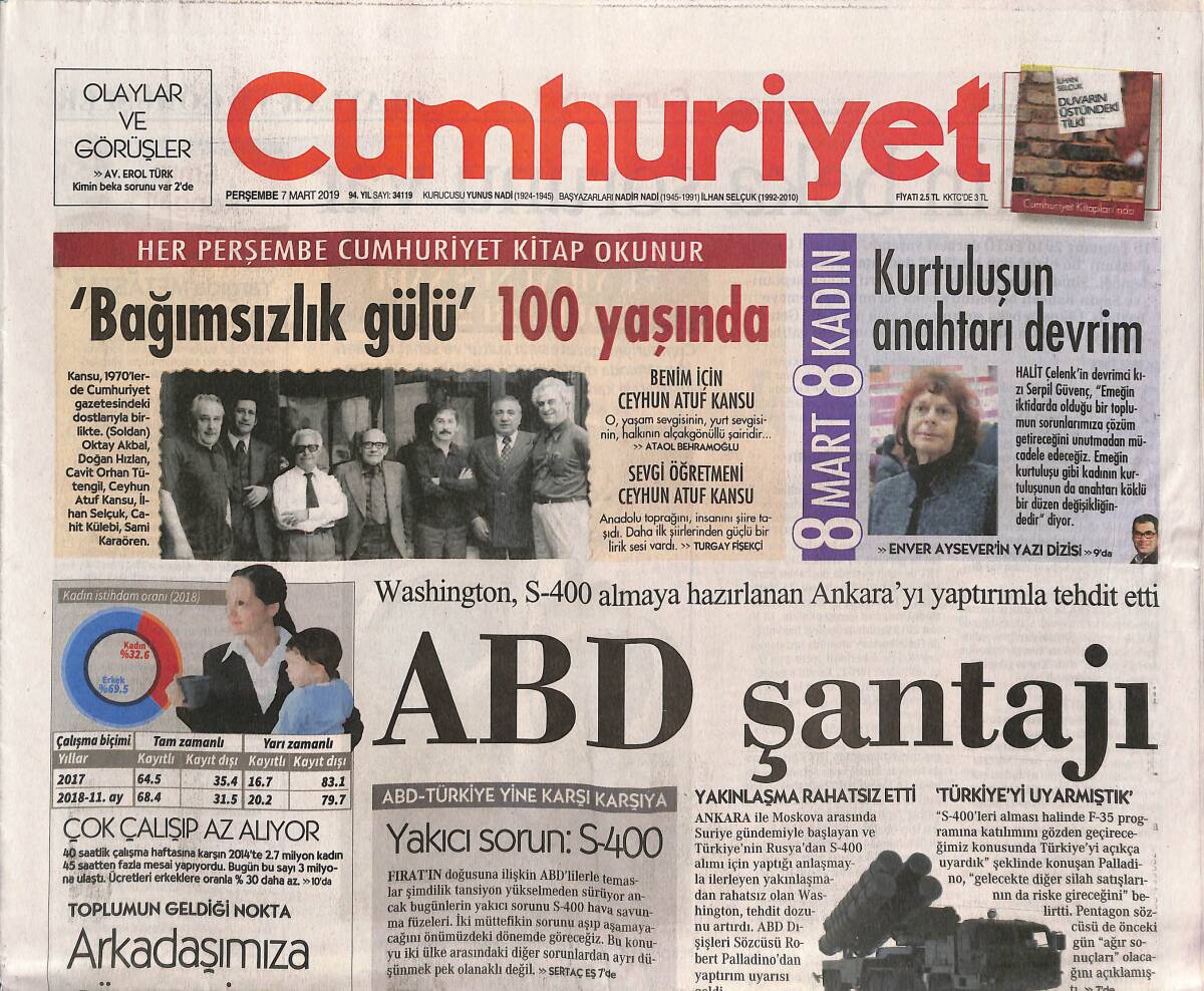 Cumhuriyet Gazetesi 7 Mart 2019 - ABD Şantajı - Çamurlu Siyaset - İşsiz Kadın Yüzde 57 Arttı GZ135502 - 1