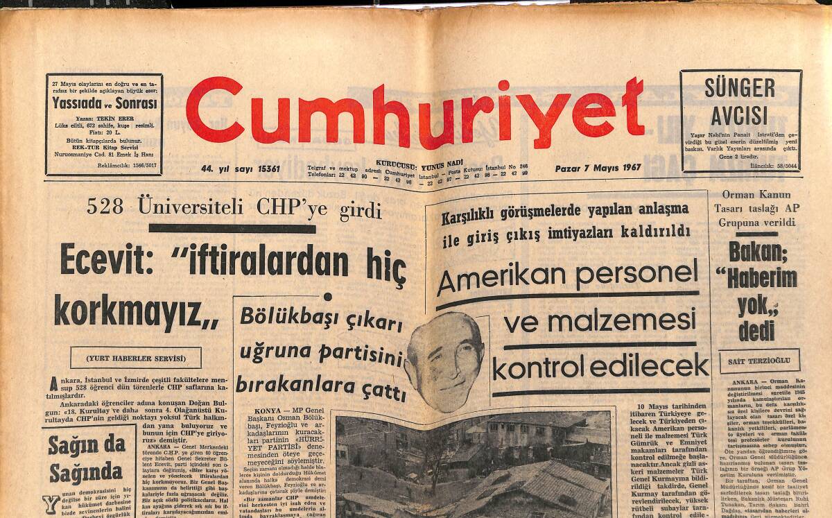 Cumhuriyet Gazetesi 7 Mayıs 1967 - Galatasaray Metin'in 3 Golü İle Feriköy'ü Mağlup Etti - Başbakan Demirel, Almanya'dan Yardım Talep Edilmeyecek GZ139152 - 1